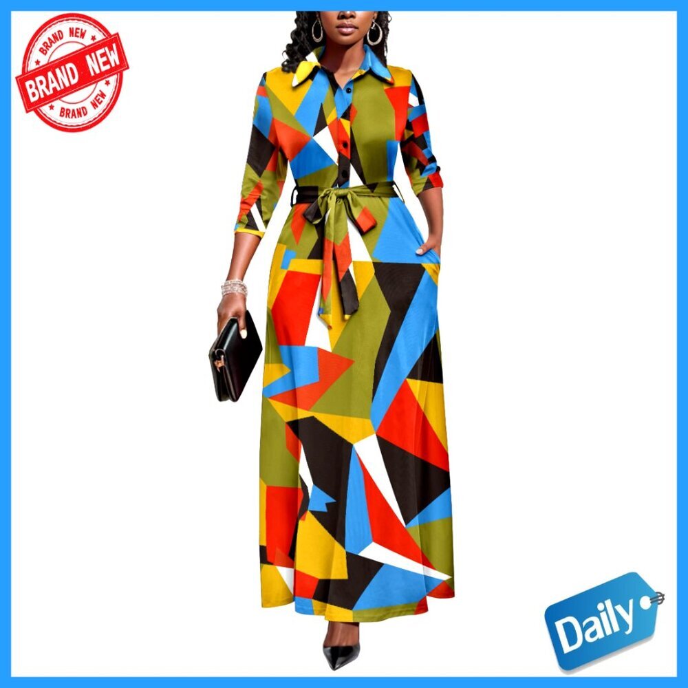 Floral Print Maxi Dress 3/4 Sleeve Button Down Elegant Office Church Wear